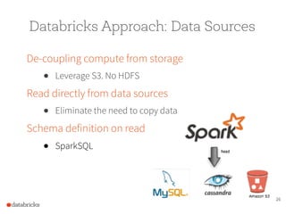 26
Databricks Approach: Data Sources
De-coupling compute from storage
● Leverage S3. No HDFS
Read directly from data sources
● Eliminate the need to copy data
Schema definition on read
● SparkSQL
 