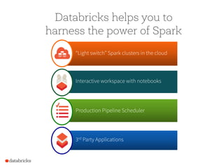 Databricks helps you to
harness the power of Spark
“Light switch” Spark clusters in the cloud
3rd Party Applications
Interactive workspace with notebooks
Production Pipeline Scheduler
 