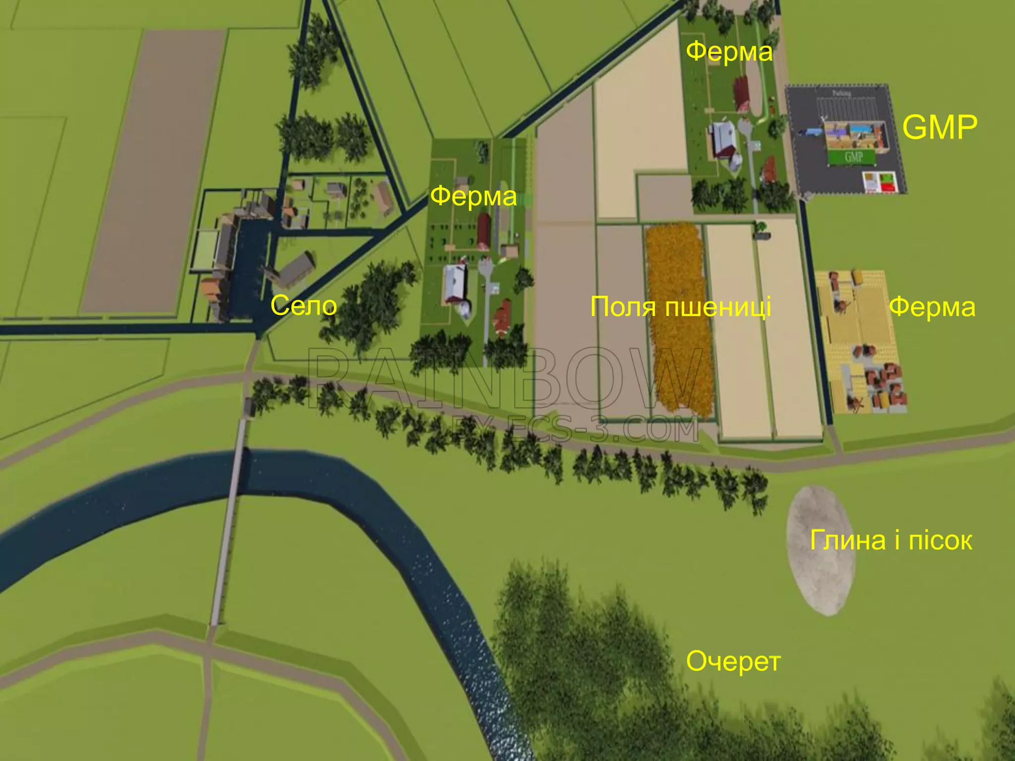 Село
Ферма
Ферма
Глина і пісок
Очерет
Поля пшениці
Ферма
GMP
 