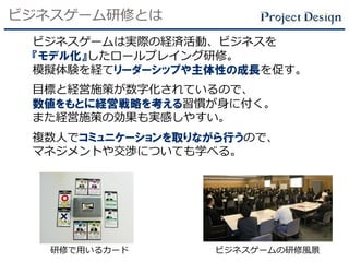 ビジネスゲーム研修とは
ビジネスゲームは実際の経済活動、ビジネスを
『モデル化』したロールプレイング研修。
模擬体験を経てリーダーシップや主体性の成長を促す。
目標と経営施策が数字化されているので、
数値をもとに経営戦略を考える習慣が身に付く。
また経営施策の効果も実感しやすい。
複数人でコミュニケーションを取りながら行うので、
マネジメントや交渉についても学べる。
ビジネスゲームの研修風景研修で用いるカード
 
