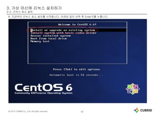 © 2015 CUBRID Co., Ltd. All rights reserved. 10
3. 가상 머신에 리눅스 설치하기
3-2. 리눅스 최소 설치
A. 지금부터 리눅스 최소 설치를 시작합니다. 아래와 같이 선택 후 Enter키를 누릅니다.
 