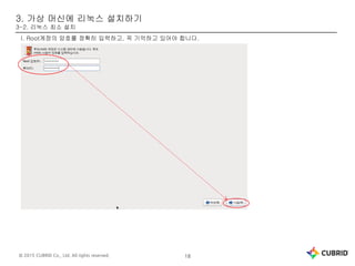 © 2015 CUBRID Co., Ltd. All rights reserved. 18
3. 가상 머신에 리눅스 설치하기
3-2. 리눅스 최소 설치
I. Root계정의 암호를 정확히 입력하고, 꼭 기억하고 있어야 합니다.
 