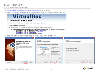 © 2015 CUBRID Co., Ltd. All rights reserved. 3
1. 가상 머신 설치
1-1. 가상 머신 다운로드 및 설치
A. https://www.virtualbox.org/wiki/Downloads 로 접속 합니다.
B. 아래 그림과 같이 운영체제에 맞는 Virtual Box 바이너리 파일을 다운로드 합니다.
C. 다운로드 완료 후 해당 파일을 실행 후 아래 그림과 같이 진행합니다.
 