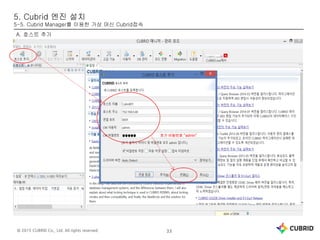 © 2015 CUBRID Co., Ltd. All rights reserved. 33
5. Cubrid 엔진 설치
5-5. Cubrid Manager를 이용한 가상 머신 Cubrid접속
A. 호스트 추가
초기 비밀번호 “admin”
 