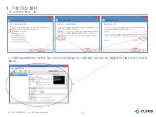 © 2015 CUBRID Co., Ltd. All rights reserved. 6
1. 가상 머신 설치
1-2. 가상 머신 환경 구성
C. 이제 Cubrid01이라는 새로운 가상 머신이 생성되었습니다. 이제 해당 가상 머신에 사용할 리눅스를 다운로드 받아야
합니다.
 