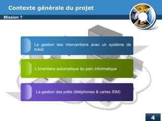 Contexte générale du projet
La gestion des interventions avec un système de
ticket
L’inventaire automatique du parc informatique
Mission ?
La gestion des prêts (téléphones & cartes SIM)
 