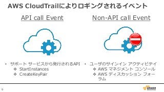 9
AWS CloudTrailによりロギングされるイベント
API call Event Non-API call Event
• サポート サービスから発行されるAPI
 StartInstances
 CreateKeyPair
• ...