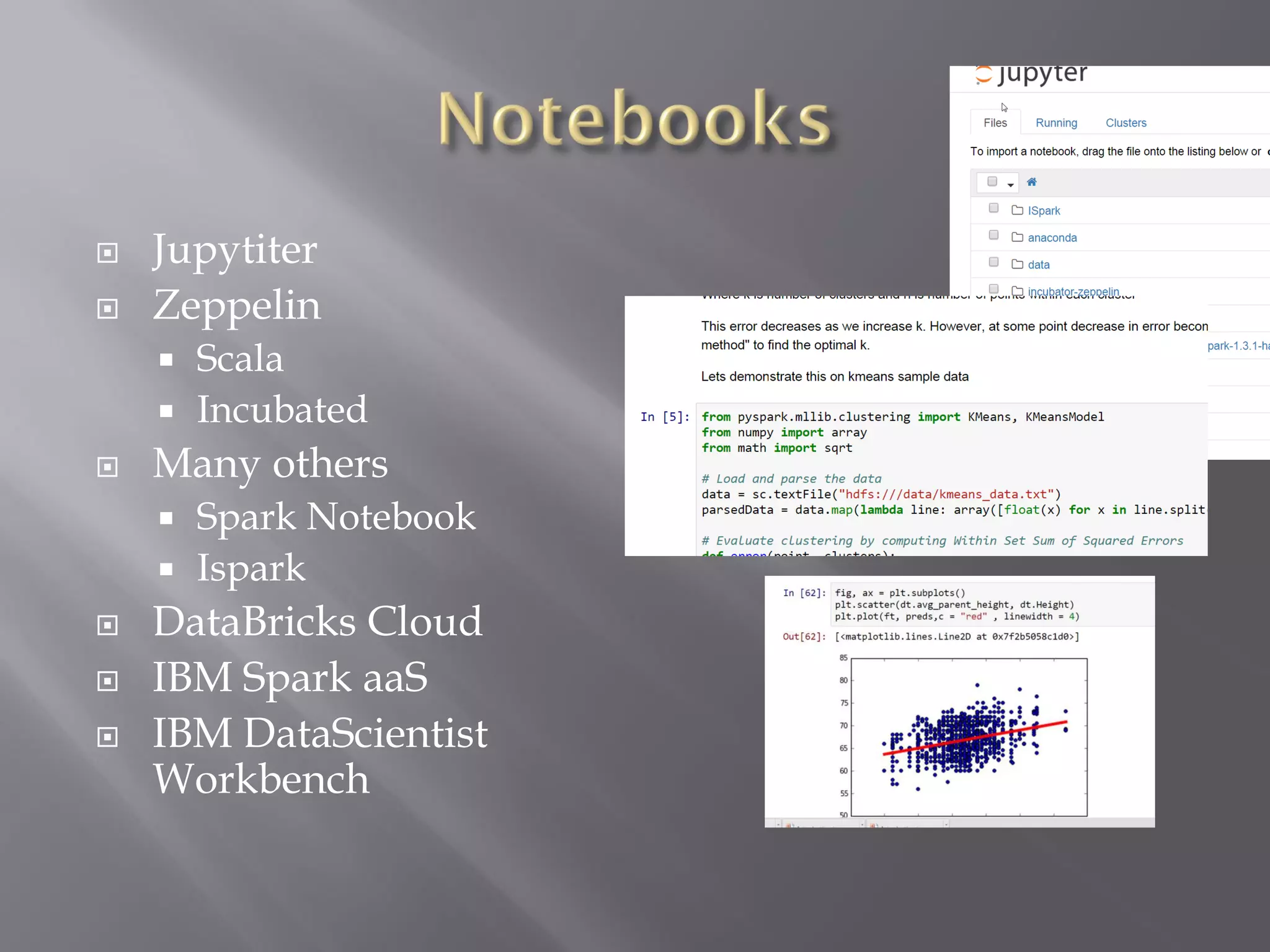  Jupytiter
 Zeppelin
 Scala
 Incubated
 Many others
 Spark Notebook
 Ispark
 DataBricks Cloud
 IBM Spark aaS
 IBM DataScientist
Workbench
 