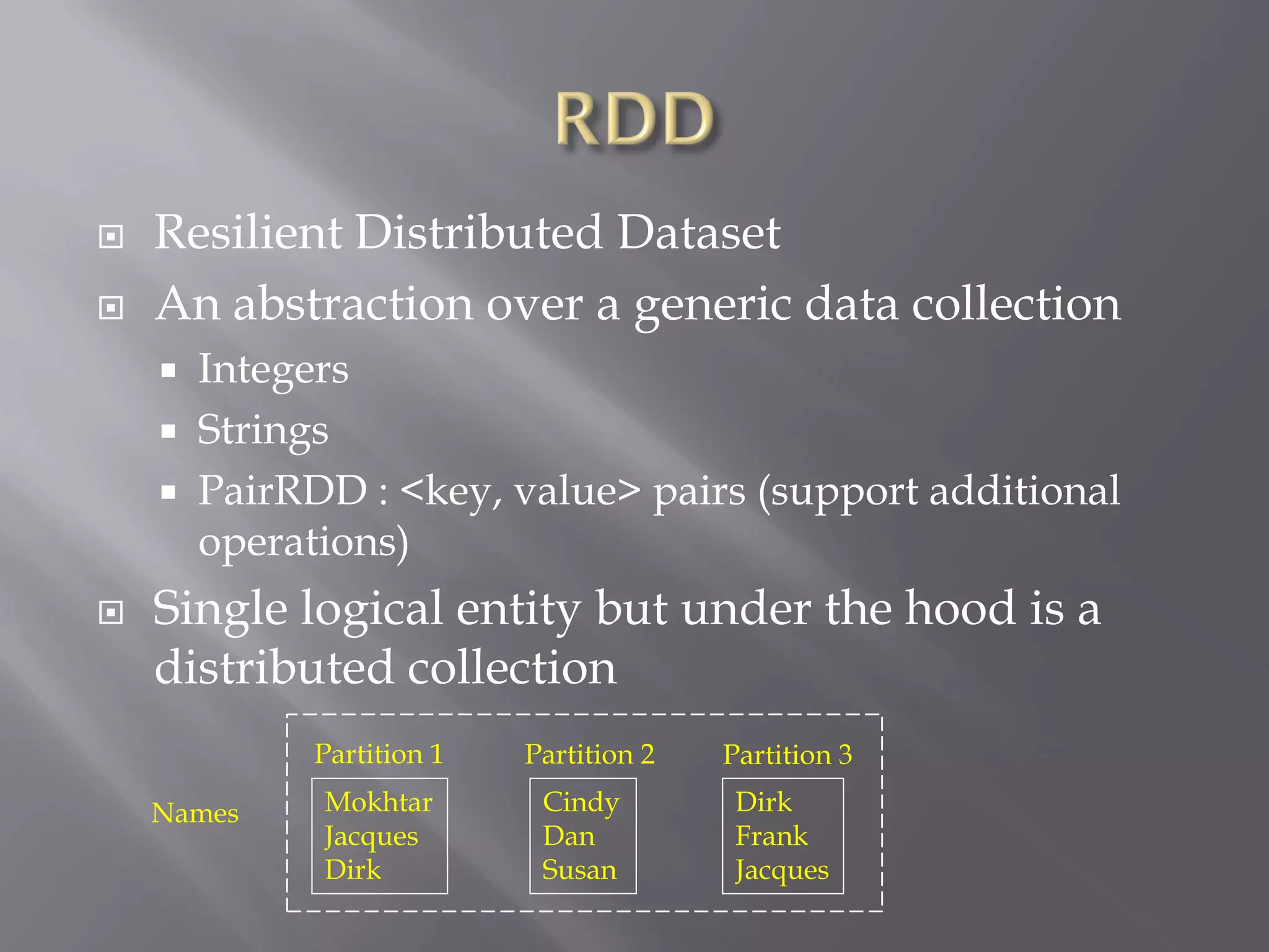  Resilient Distributed Dataset
 An abstraction over a generic data collection
 Integers
 Strings
 PairRDD : <key, value> pairs (support additional
operations)
 Single logical entity but under the hood is a
distributed collection
Mokhtar
Jacques
Dirk
Cindy
Dan
Susan
Dirk
Frank
Jacques
Partition 1 Partition 2 Partition 3
Names
 