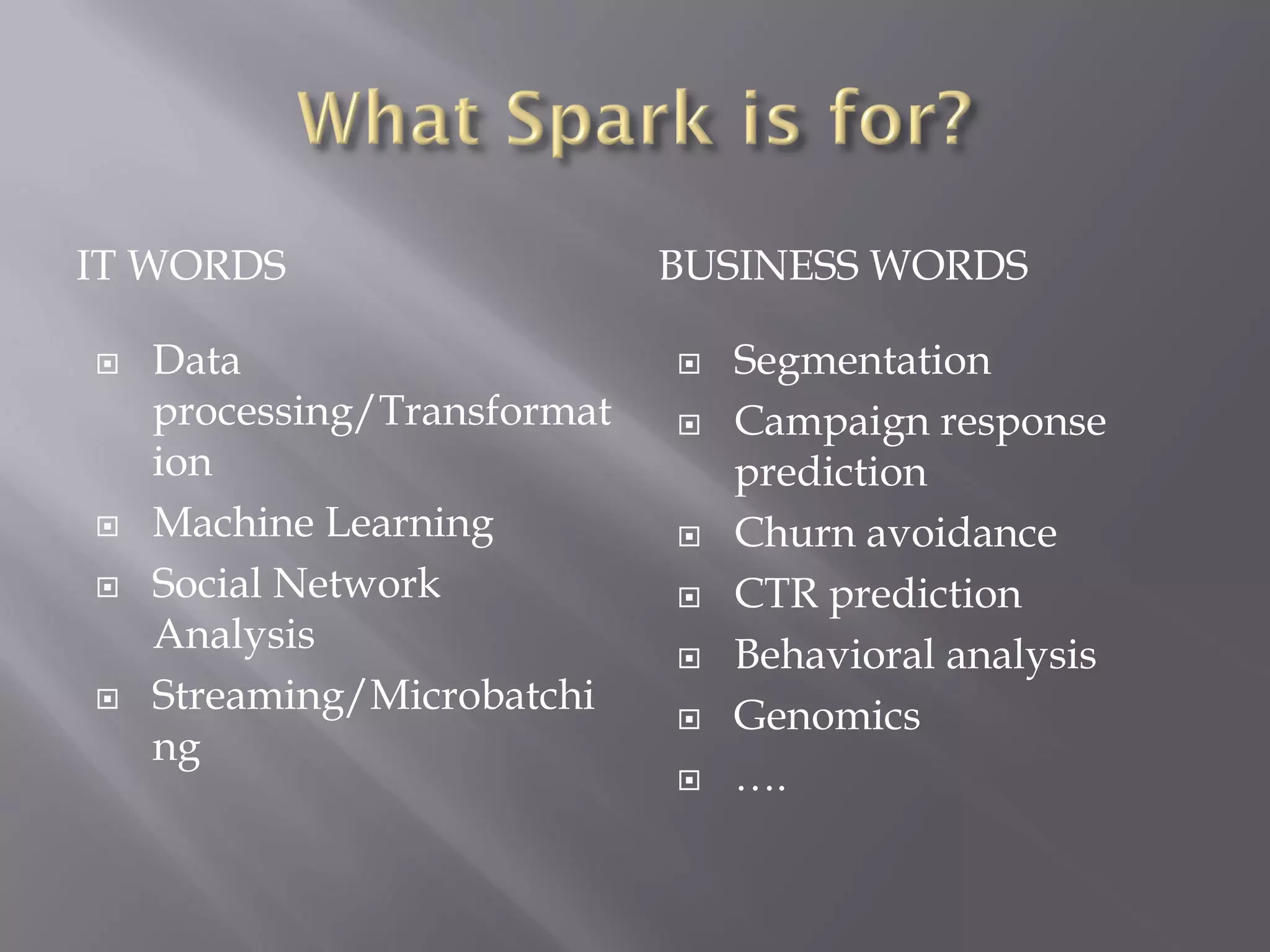 IT WORDS BUSINESS WORDS
 Data
processing/Transformat
ion
 Machine Learning
 Social Network
Analysis
 Streaming/Microbatchi
ng
 Segmentation
 Campaign response
prediction
 Churn avoidance
 CTR prediction
 Behavioral analysis
 Genomics
 ….
 