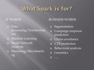 IT WORDS BUSINESS WORDS
 Data
processing/Transformat
ion
 Machine Learning
 Social Network
Analysis
 Streaming/Microbatchi
ng
 Segmentation
 Campaign response
prediction
 Churn avoidance
 CTR prediction
 Behavioral analysis
 Genomics
 ….
 