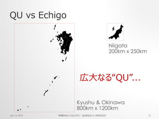 QU vs Echigo
July 16, 2015 "地域NOGってなんだろう - QUNOG2 in JANOG36" 13
Kyushu & Okinawa
800km x 1200km
Niigata
200km x 250km
広大なる“QU”...
 