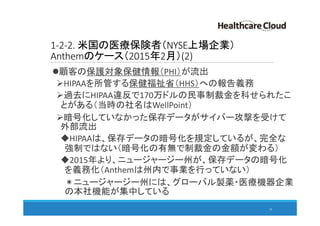 1-2-2. 米国の医療保険者（NYSE上場企業）
Anthemのケース（2015年2月）(2)
顧客の保護対象保健情報（PHI）が流出
HIPAAを所管する保健福祉省（HHS）への報告義務
過去にHIPAA違反で170万ドルの民事制裁金を科せられたこ
とがある（当時の社名はWellPoint）
暗号化していなかった保存データがサイバー攻撃を受けて
外部流出
HIPAAは、保存データの暗号化を規定しているが、完全な
強制ではない（暗号化の有無で制裁金の金額が変わる）
2015年より、ニュージャージー州が、保存データの暗号化
を義務化（Anthemは州内で事業を行っていない）
＊ニュージャージー州には、グローバル製薬・医療機器企業
の本社機能が集中している
16
 