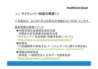 2-1. マイナンバー制度の概要（1）
＊本資料は、2015年7月10日時点の情報を元に作成しています。
最新情報の関連リソース
内閣官房社会保障改革担当室・
内閣府大臣官房番号制度担当室
「マイナンバー 社会保障・税番号制度について」
（http://www.cas.go.jp/jp/seisaku/bangoseido/）
総務省
「行政機関等が保有するパーソナルデータに関する研究会」
（http://www.soumu.go.jp/main_sosiki/kenkyu/gyousei_personal/index.html）
情報法制研究会
（事務局：一般財団法人 日本データ通信協会）
（http://www.dekyo.or.jp/kenkyukai/）
20
 