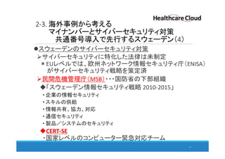 2-3. 海外事例から考える
マイナンバーとサイバーセキュリティ対策
共通番号導入で先行するスウェーデン（4）
スウェーデンのサイバーセキュリティ対策
サイバーセキュリティに特化した法律は未制定
＊EUレベルでは、欧州ネットワーク情報セキュリティ庁（ENISA）
がサイバーセキュリティ戦略を策定済
民間危機管理庁（MSB）・・・国防省の下部組織
「スウェーデン情報セキュリティ戦略 2010-2015」
• 企業の情報セキュリティ
• スキルの供給
• 情報共有、協力、対応
• 通信セキュリティ
• 製品／システムのセキュリティ
CERT-SE
・国家レベルのコンピューター緊急対応チーム
31
 