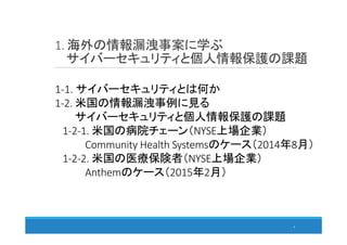 1. 海外の情報漏洩事案に学ぶ
サイバーセキュリティと個人情報保護の課題
4
1-1. サイバーセキュリティとは何か
1-2. 米国の情報漏洩事例に見る
サイバーセキュリティと個人情報保護の課題
1-2-1. 米国の病院チェーン（NYSE上場企業）
Community Health Systemsのケース（2014年8月）
1-2-2. 米国の医療保険者（NYSE上場企業）
Anthemのケース（2015年2月）
 