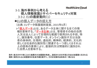 3-3. 海外事例から考える
個人情報保護とサイバーセキュリティ対策
3-3-2. EUの最新動向（1）
EUの個人データの捉え方
（出典：EUデータ保護規則提案、2015年6月）
「個人データ」とは、あるデータ主体に関する全ての情
報を意味する。「データ主体」とは、管理者その他の自然
人又は法人によって合理的な範囲で使用される手段、特
に、識別番号、位置データ、オンライン識別子又は当該
者の身体的、生理的、遺伝的、精神的、経済的、文化的
若しくは社会的な識別性に関連する一つ若しくはそれ以
上の固有の要素により、直接的又は間接的に識別され
た自然人を意味する。
45
指令：条文の中で命じられた結果のみ加盟国を拘束し、達成のための手段と方法は加盟国に任される
規則：採択されると加盟国内の批准手続を経ずに、そのまま国内法体系の一部となる
 