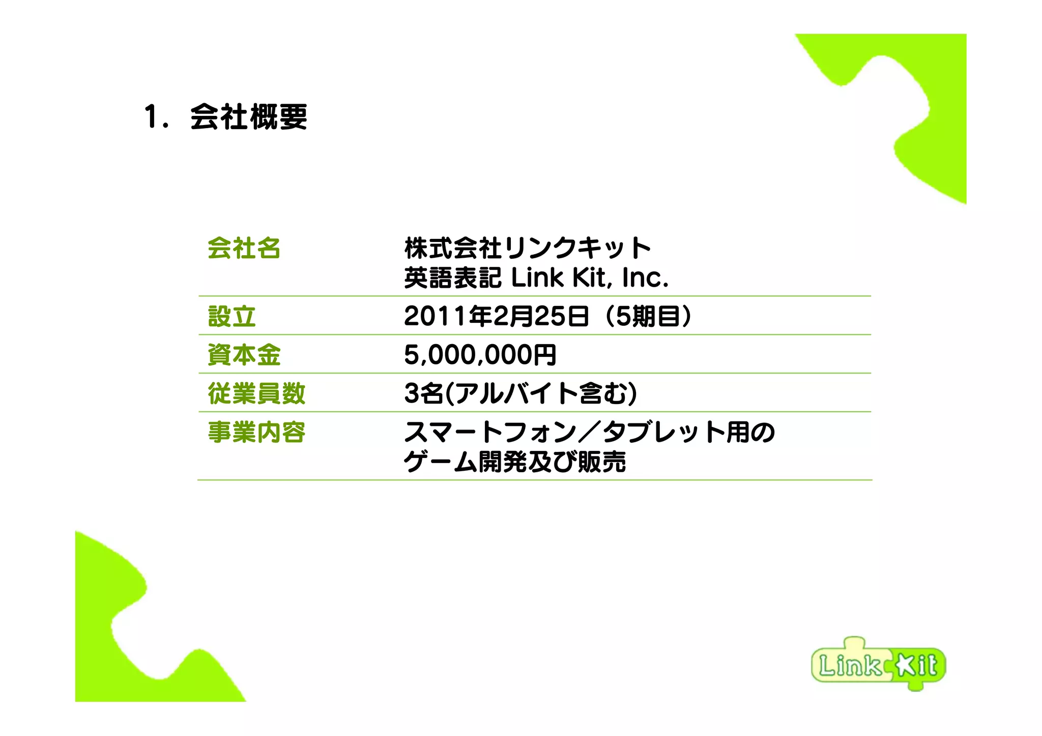 1. 会社概要
会社名 株式会社リンクキット
英語表記 Link Kit, Inc.
設立 2011年2月25日（5期目）
資本金 5,000,000円
従業員数 3名(アルバイト含む)
事業内容 スマートフォン／タブレット用の
ゲーム開発及び販売
 