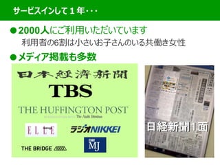 日経新聞１面
サービスインして１年・・・
●2000人にご利用いただいています
利用者の6割は小さいお子さんのいる共働き女性
●メディア掲載も多数
日経新聞１面
 