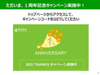 ただいま、１周年記念キャンペーン実施中！
30
トップページからアクセスして、
キャンペーンコードをGETしてください
 