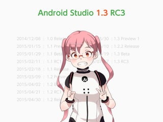 2014/12/08 : 1.0 Release
2015/01/15 : 1.1 Preview 1
2015/01/29 : 1.1 Beta
2015/02/11 : 1.1 RC1
2015/02/18 : 1.1 Release
2015/03/09 : 1.2 Preview 1
2015/04/02 : 1.2 Beta
2015/04/21 : 1.2 RC1
2015/04/30 : 1.2 Release
2015/05/30 : 1.3 Preview 1
2015/06/10 : 1.2.2 Release
2015/06/19 : 1.3 Beta
2015/07/17 : 1.3 RC3
Android Studio 1.3 RC3
 