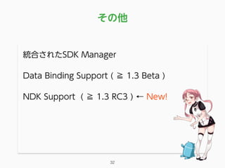 その他
統合されたSDK Manager
Data Binding Support ( ≧ 1.3 Beta )
NDK Support ( ≧ 1.3 RC3 ) ← New!
32
 