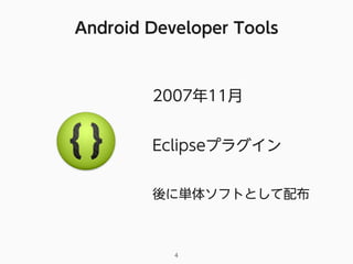 Android Developer Tools
4
2007年11月
Eclipseプラグイン
後に単体ソフトとして配布
 