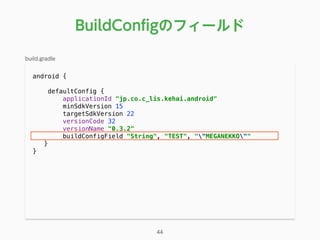 android { 
 
defaultConfig { 
applicationId "jp.co.c_lis.kehai.android" 
minSdkVersion 15 
targetSdkVersion 22 
versionCode 32 
versionName "0.3.2" 
buildConfigField "String", "TEST", ""MEGANEKKO"" 
}
}
BuildConﬁgのフィールド
44
build.gradle
 