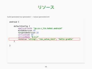 リソース
android { 
 
defaultConfig { 
applicationId "jp.co.c_lis.kehai.android" 
minSdkVersion 15 
targetSdkVersion 22 
versionCode 32 
versionName "0.3.2" 
resValue "string", "res_value_test", "hello gradle" 
} 
}
46
build/generated/res/generated/…/values/generated.xml
 