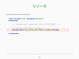 リソース
<?xml version="1.0" encoding="utf-8"?> 
<resources> 
 
<!-- Automatically generated file. DO NOT MODIFY --> 
 
<!-- Values from default config. --> 
<string name="res_value_test">hello gradle</string> 
 
</resources> 
47
build/generated/source/buildConﬁg…
 