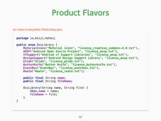Product Flavors
package io.keiji.kehai; 
 
public enum OssLibrary { 
MaterialIcons("Material icons", "license_creative_commons-4.0.txt"), 
AOSP("Android Open Source Project", "license_aosp.txt"), 
V7Support("Android v7 Support Libraries", "license_aosp.txt"), 
DesignSupport("Android Design Support Library", "license_aosp.txt"), 
Glide("Glide", "license_glide.txt"), 
ButterKnife("Butter Knife", "license_butterknife.txt"), 
EventBus("EventBus", "license_eventbus.txt"), 
Realm("Realm", "license_realm.txt"); 
 
public final String name; 
public final String fileName; 
 
OssLibrary(String name, String file) { 
this.name = name; 
fileName = file; 
} 
} 
52
src/main/io.keij.kehai/OssLibrary.java
 