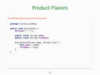 Product Flavors
package io.keiji.kehai; 
 
public enum OssLibrary { 
Nothing("", ""); 
 
public final String name; 
public final String fileName; 
 
OssLibrary(String name, String file) { 
this.name = name; 
fileName = file; 
} 
} 
55
src/forBetaTesting/io.keij.kehai/OssLibrary.java
 