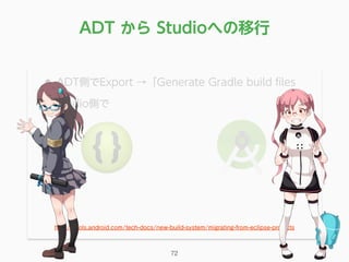• ADT側でExport →「Generate Gradle build ﬁles
• Studio側で
http://tools.android.com/tech-docs/new-build-system/migrating-from-eclipse-projects
ADT から Studioへの移行
72
 