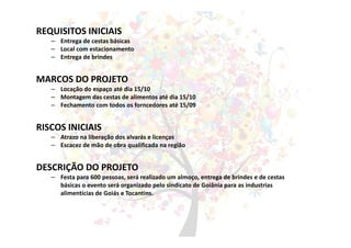 REQUISITOS INICIAIS
– Entrega de cestas básicas
– Local com estacionamento
– Entrega de brindes
MARCOS DO PROJETO
– Locação do espaço até dia 15/10
– Montagem das cestas de alimentos até dia 15/10
– Fechamento com todos os forncedores até 15/09
RISCOS INICIAIS
– Atrazo na liberação dos alvarás e licenças
– Escacez de mão de obra qualificada na região
DESCRIÇÃO DO PROJETO
– Festa para 600 pessoas, será realizado um almoço, entrega de brindes e de cestas
básicas o evento será organizado pelo sindicato de Goiânia para as industrias
alimentícias de Goiás e Tocantins.
 