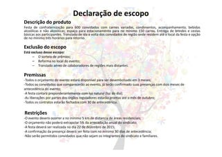 Declaração de escopo
Descrição do produto
Festa de confraternização para 600 convidados com carnes variadas, condimentos, acompanhamento, bebidas
alcoólicas e não alcoólicas; espaço para estacionamento para no mínimo 150 carros. Entrega de brindes e cestas
básicas aos participantes. Translado de ida e volta dos convidados de região onde residem até o local da festa e opção
de no mínimo três horários para retorno.
Exclusão do escopo
Está excluso desse escopo:
– O sorteio de prêmios;
– Reforma no local do evento;
– Translado aéreo de colaboradores de regiões mais distantes.
Premissas
-Todos o orçamento do evento estará disponível para ser desembolsado em 3 meses;
-Todos os convidados que comparecerão ao evento, já terão confirmado suas presenças com dois meses de
antecedência do evento;
-A festa contará preponderantemente com luz natural (luz do dia);
-As liberações por partes dos órgãos reguladores estarão prontas até o mês de outubro;
-Todos os contratos estarão fechados com 30 de antecedência.
Restrições
-O evento deverá ocorrer a no mínimo 5 km de distancia de áreas residenciais;
-O orçamento não poderá extrapolar 5% da arrecadação anual do sindicato;
-A festa deverá ser realizada no dia 22 de dezembro de 2015;
-A confirmação da presença deverá ser feita com no mínimo 30 dias de antecedência;
-Não serão permitidos convidados que não sejam os integrantes do sindicato e familiares.
 
