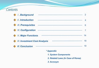 Contents
Ⅰ. Background
Ⅱ. Introduction
Ⅲ. Prerequisites
Ⅳ. Configuration
Ⅴ. Major Functions
Ⅵ. Investment Cost Analysis
14
18
2
Ⅶ. Conclusion
4
6
7
19
* Appendix
1. System Components
2. Related Laws (In Case of Korea)
3. Acronym
 