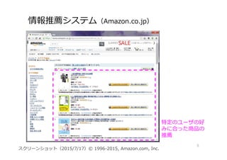 情報推薦システム（Amazon.co.jp）
5
スクリーンショット（2015/7/17）© 1996-2015, Amazon.com, Inc.
特定のユーザの好
みに合った商品の
推薦
 