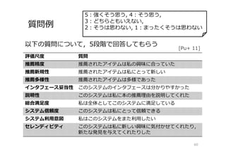 質問例
60
評価尺度 質問
推薦精度 推薦されたアイテムは私の興味に合っていた
推薦新規性 推薦されたアイテムは私にとって新しい
推薦多様性 推薦されたアイテムは多様であった
インタフェース妥当性 このシステムのインタフェースは分かりやすかった
説明性 このシステムは私に本の推薦理由を説明してくれた
総合満⾜度 私は全体としてこのシステムに満足している
システム信頼度 このシステムは私にとって信頼できる
システム利⽤意図 私はこのシステムをまた利⽤したい
セレンディピティ このシステムは私に新しい興味に気付かせてくれたり，
新たな発⾒を与えてくれたりした
以下の質問について，5段階で回答してもらう
5：強くそう思う, 4：そう思う,
3：どちらともいえない,
2：そうは思わない, 1：まったくそうは思わない
[Pu+ 11]
 