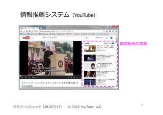 情報推薦システム（YouTube）
8
スクリーンショット（2015/7/17）： © 2015 YouTube, LLC
関連動画の推薦
 