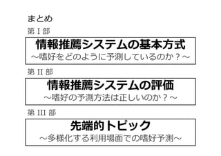 まとめ
82
情報推薦システムの基本方式
〜嗜好をどのように予測しているのか？〜
第 I 部
情報推薦システムの評価
〜嗜好の予測⽅法は正しいのか？〜
第 II 部
先端的トピック
〜多様化する利⽤場⾯での嗜好予測〜
第 III 部
 