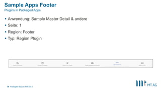 Sample Apps Footer
§  Anwendung: Sample Master Detail & andere
§  Seite: 1
§  Region: Footer
§  Typ: Region Plugin
Packaged Apps in APEX 5.019
Plugins in Packaged Apps
 