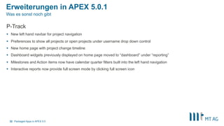 Erweiterungen in APEX 5.0.1
P-Track
§  New left hand navbar for project navigation
§  Preferences to show all projects or open projects under username drop down control
§  New home page with project change timeline
§  Dashboard widgets previously displayed on home page moved to “dashboard” under “reporting”
§  Milestones and Action items now have calendar quarter filters built into the left hand navigation
§  Interactive reports now provide full screen mode by clicking full screen icon
Packaged Apps in APEX 5.032
Was es sonst noch gibt
 