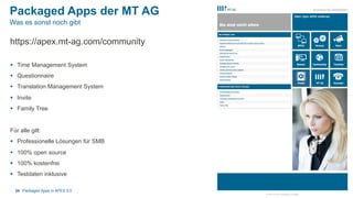 Packaged Apps der MT AG
https://apex.mt-ag.com/community
§  Time Management System
§  Questionnaire
§  Translation Management System
§  Invite
§  Family Tree
Für alle gilt:
§  Professionelle Lösungen für SMB
§  100% open source
§  100% kostenfrei
§  Testdaten inklusive
Packaged Apps in APEX 5.034
Was es sonst noch gibt
 