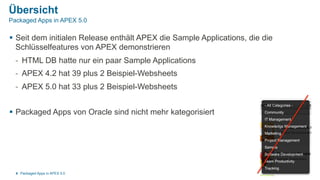 Übersicht
§  Seit dem initialen Release enthält APEX die Sample Applications, die die
Schlüsselfeatures von APEX demonstrieren
-  HTML DB hatte nur ein paar Sample Applications
-  APEX 4.2 hat 39 plus 2 Beispiel-Websheets
-  APEX 5.0 hat 33 plus 2 Beispiel-Websheets
§  Packaged Apps von Oracle sind nicht mehr kategorisiert
Packaged Apps in APEX 5.04
Packaged Apps in APEX 5.0
 