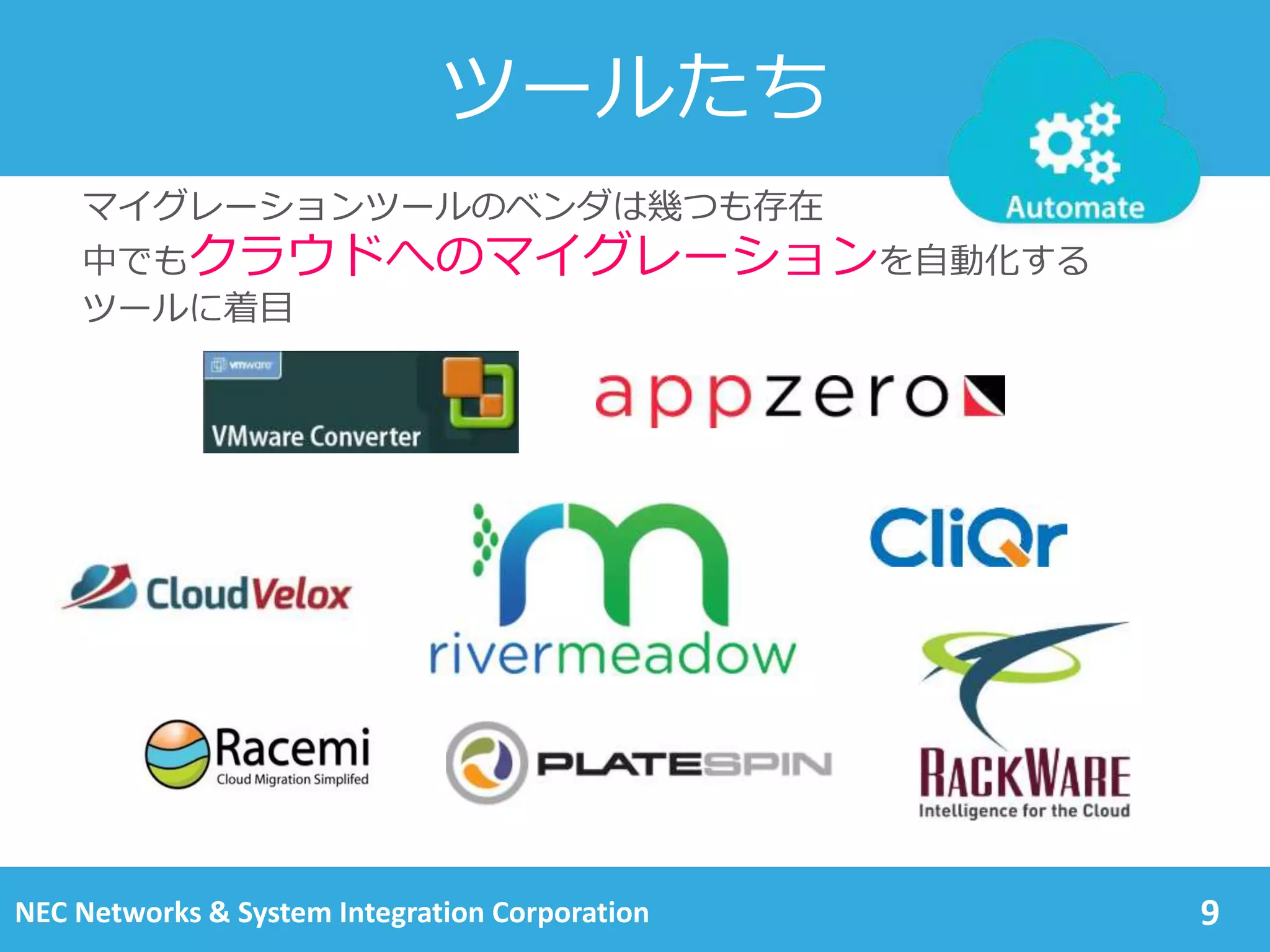 ツールたち
9
マイグレーションツールのベンダは幾つも存在
中でもクラウドへのマイグレーションを自動化する
ツールに着目
NEC Networks & System Integration Corporation
 