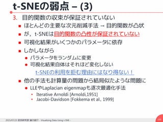 t-SNEの弱点 – (3)
3. 目的関数の収束が保証されていない
 ほとんどの主要な次元削減手法 → 目的関数が凸状
 が，t-SNEは目的関数の凸性が保証されていない
 可視化結果がいくつかのパラメータに依存
 しかしながら
 パラメータをランダムに変更
 可視化結果自体はそれほど変化しない
t-SNEの利用を拒む理由にはなり得ない！
 他の手法も計算量の問題から結局似たような問題に
 LLEやLaplacian eigenmapも逐次最適化手法
• Iterative Arnoldi [Arnoldi,1951]
• Jacobi-Davidson [Fokkema et al., 1999]
1002015/07/23 武田研究室 論文紹介 - Visualizing Data Using t-SNE -
 