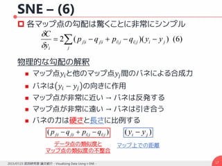 SNE – (6)
 各マップ点の勾配は驚くことに非常にシンプル
物理的な勾配の解釈
 マップ点𝑦𝑖と他のマップ点𝑦𝑗間のバネによる合成力
 バネは 𝑦𝑖 − 𝑦𝑗 の向きに作用
 マップ点が非常に近い → バネは反発する
 マップ点が非常に遠い → バネは引き合う
 バネの力は硬さと長さに比例する
172015/07/23 武田研究室 論文紹介 - Visualizing Data Using t-SNE -
 
j
jijijiijij
i
yyqpqp
y
C
)6())((2 ||||


)( |||| jijiijij qpqp  )( ji yy 
データ点の類似度と
マップ点の類似度の不整合
マップ上での距離
 