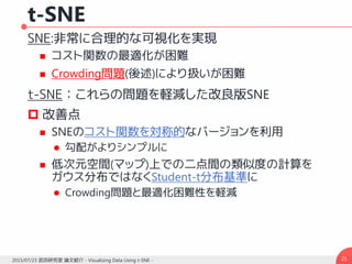 t-SNE
SNE:非常に合理的な可視化を実現
 コスト関数の最適化が困難
 Crowding問題(後述)により扱いが困難
t-SNE：これらの問題を軽減した改良版SNE
 改善点
 SNEのコスト関数を対称的なバージョンを利用
 勾配がよりシンプルに
 低次元空間(マップ)上での二点間の類似度の計算を
ガウス分布ではなくStudent-t分布基準に
 Crowding問題と最適化困難性を軽減
212015/07/23 武田研究室 論文紹介 - Visualizing Data Using t-SNE -
 
