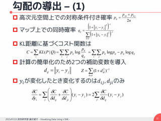 勾配の導出 – (1)
 高次元空間上での対称条件付き確率
 マップ上での同時確率
 KL距離に基づくコスト関数は
 計算の簡単化のため2つの補助変数を導入
 𝑦𝑖が変化したとき変化するのは𝑑𝑖𝑗, 𝑑𝑗𝑖のみ
312015/07/23 武田研究室 論文紹介 - Visualizing Data Using t-SNE -
n
pp
p
jiij
ij
2
|| 

 
 





lk
lk
ji
ij
yy
yy
q 12
12
1
1
 
i
ijijij
j
ij
i j ij
ij
ij
i
qppp
q
p
pQPKLC logloglog)|(
jiij yyd  


lk
kldZ 12
)1(
 









j
ji
ijj
ji
jiiji
yy
d
C
yy
d
C
d
C
y
C
)(2)(








 