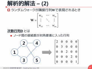 解析的解法 – (2)
 ランダムウォークが隣接行列𝐖で表現されるとき
次数行列D とは
 ノード間の接続数が対角要素に入った行列
682015/07/23 武田研究室 論文紹介 - Visualizing Data Using t-SNE -











nnn
n
ww
ww



1
111
W
















10000
02000
00200
00030
00002
1
2
3
4
5
 